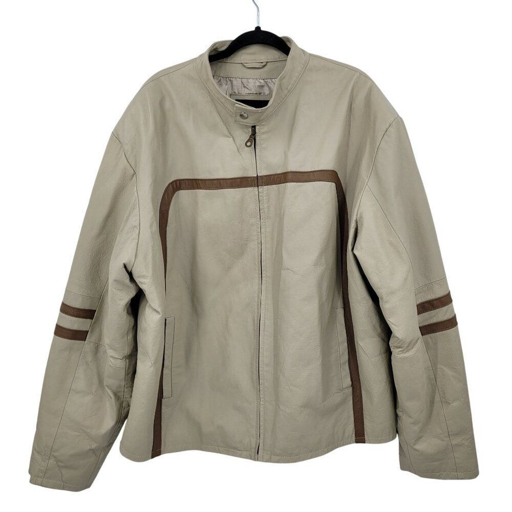 Vtg 90s Frequency Tan Genuine‎ Leather Motorcycle Jacket Sz XXL Quilted Stripe